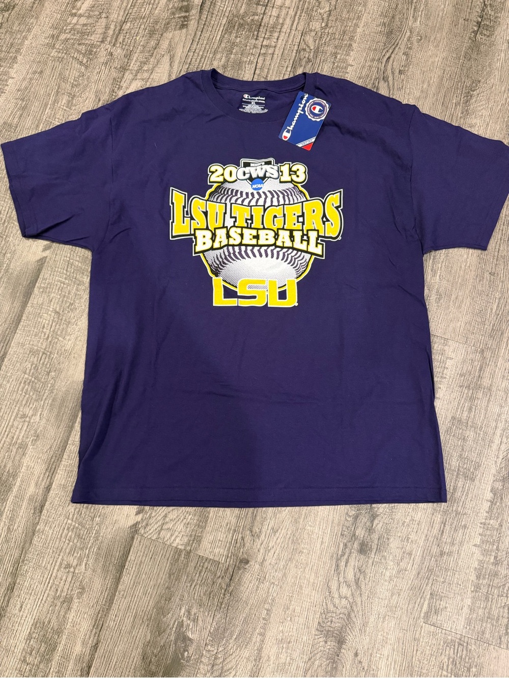 Champion Purple LSU Tigers Baseball Tee with Yellow Graphic